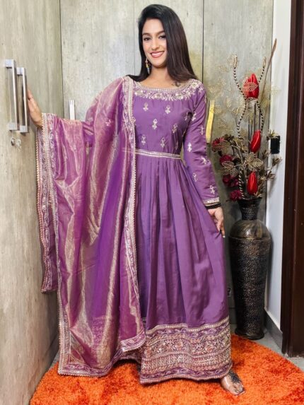 Roman Silk Anarkali Suit Set In Purple