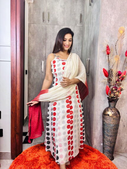 White & Red Printed Cotton Co-ord Set with Dupatta