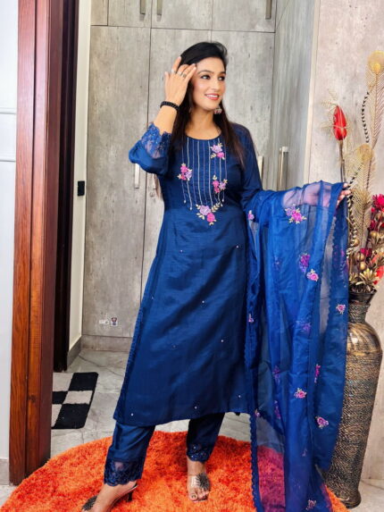 Royal Blue Dola Silk Suit Set with Organza Dupatta