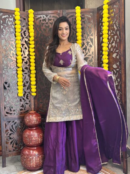 Purple Fendy Silk Kurti with Chinon Bustier, Palazzo & Dupatta
