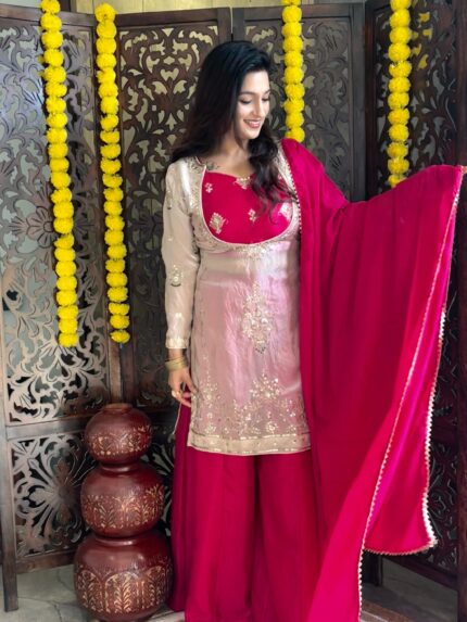 Rani Pink Embroidered Fendy Silk Kurta Palazzo Set with Chinon Dupatta & Bustier