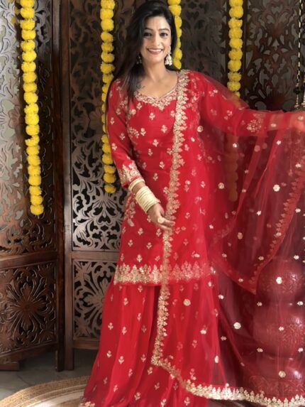Royal Red Chinon Sharara Suit with Zari & Sequin Work and Net Dupatta