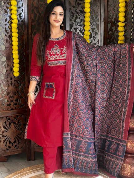 Dabu Print Cotton Kurta Plazo Set with Ajrakh dupatta