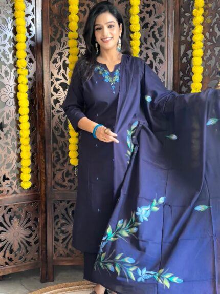Midnight Blue Hand-Painted Cotton Suit Set