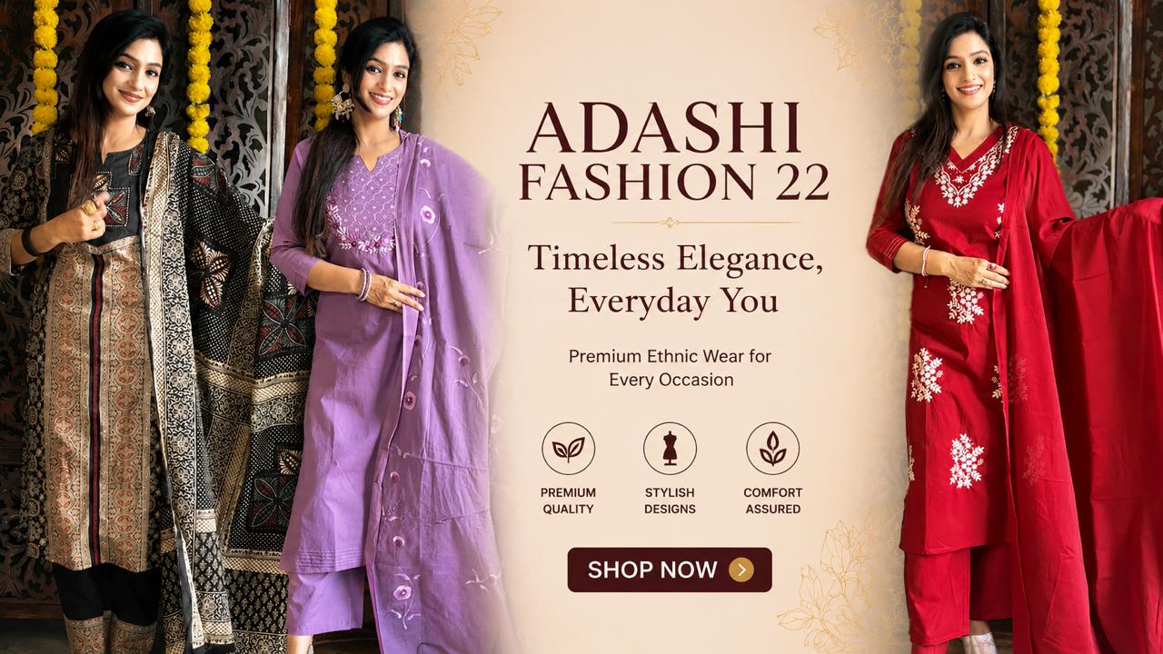 Banner for Adashi Fashion 22 featuring three women wearing premium ethnic salwar suits in black, lavender, and red colors with the tagline “Timeless Elegance, Everyday You” and a Shop Now button.