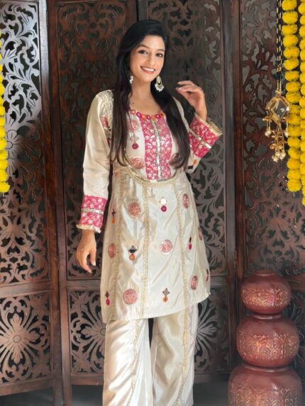 Ivory Mirror Work Kurta Plazo Set
