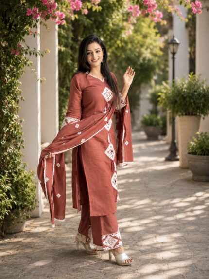 Rust Bloom Coral Silk Suit Set