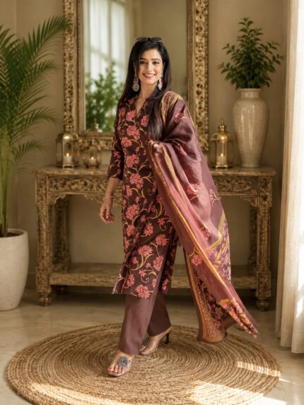 Mocha Bloom Angrakha Style Soft Cotton Suit Set