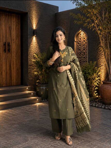 Olive Green Cotton Embroidered Suit with Printed Dupatta