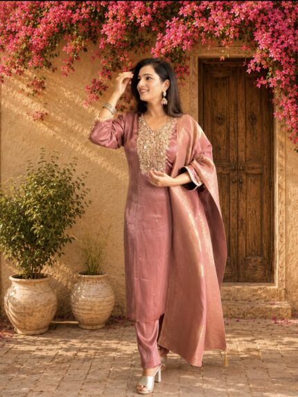 Rose Gold Glass Silk Premium Embroidered Suit with Banarasi Dupatta