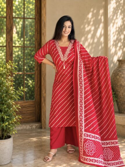 Red Cotton Printed Straight Suit Set