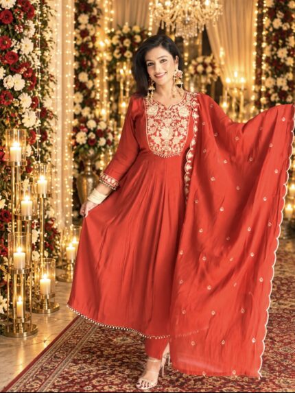 Red Cotton Silk Embroidered Anarkali Suit Set