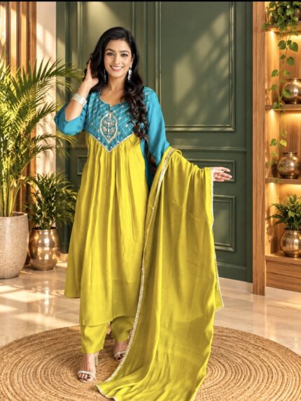 Lime Green & Teal Blue Chanderi Silk Embroidered A- Line Suit Set