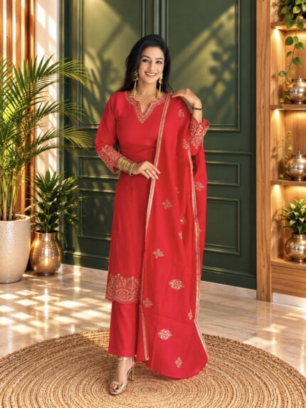 Red Chanderi Silk Embroidered Suit Set with Dupatta | Karva Chauth Special