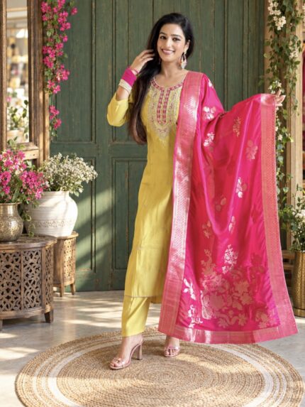 Mustard Roman Silk Suit Set with Pink Banarasi Jacquard Dupatta
