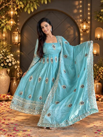 Turquoise Blue Fandy Silk Embroidered Anarkali Suit Set