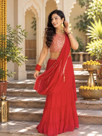Red Indo-Western Georgette Lehenga with Embroidered Drape Dupatta